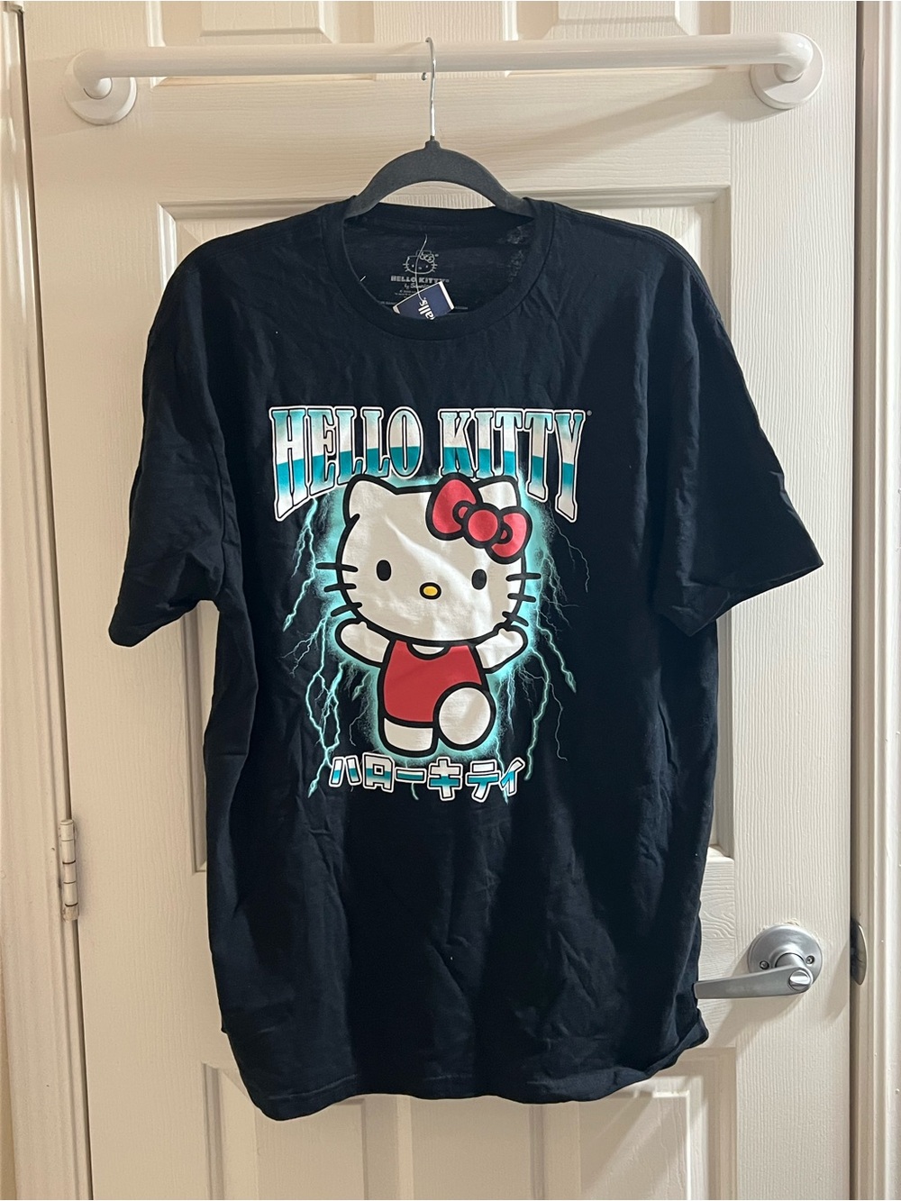 Hello Kitty Black Tee with Turquoise Lightning and Red Bow